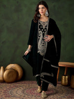 Thumbnail for Sangria Floral Embroidered Straight Kurta & Trousers With Dupatta - Distacart