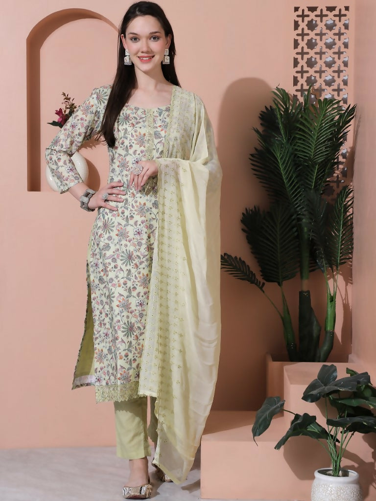 Jyoti Fashion Women's Green Cotton Floral Digital Printed Kurta with Trouser & Dupatta - Distacart