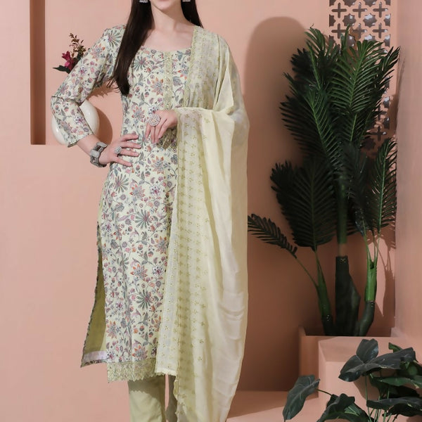 Jyoti Fashion Women's Green Cotton Floral Digital Printed Kurta with Trouser & Dupatta - Distacart
