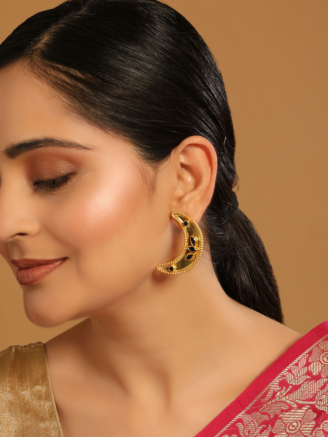 Nuyug 22K Gold-Plated Stone Studded Crescent Shaped Stud Earrings