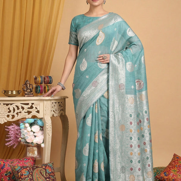 Shree Shyam Fashion Sea Green Linen Cotton Saree - Distacart