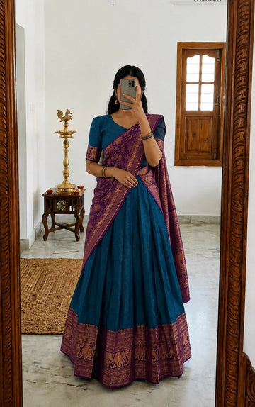 Teeya Creation Royal Blue Traditional Lehenga Choli Set Featuring Intricate Purple and Gold Zari Detailing - Dista