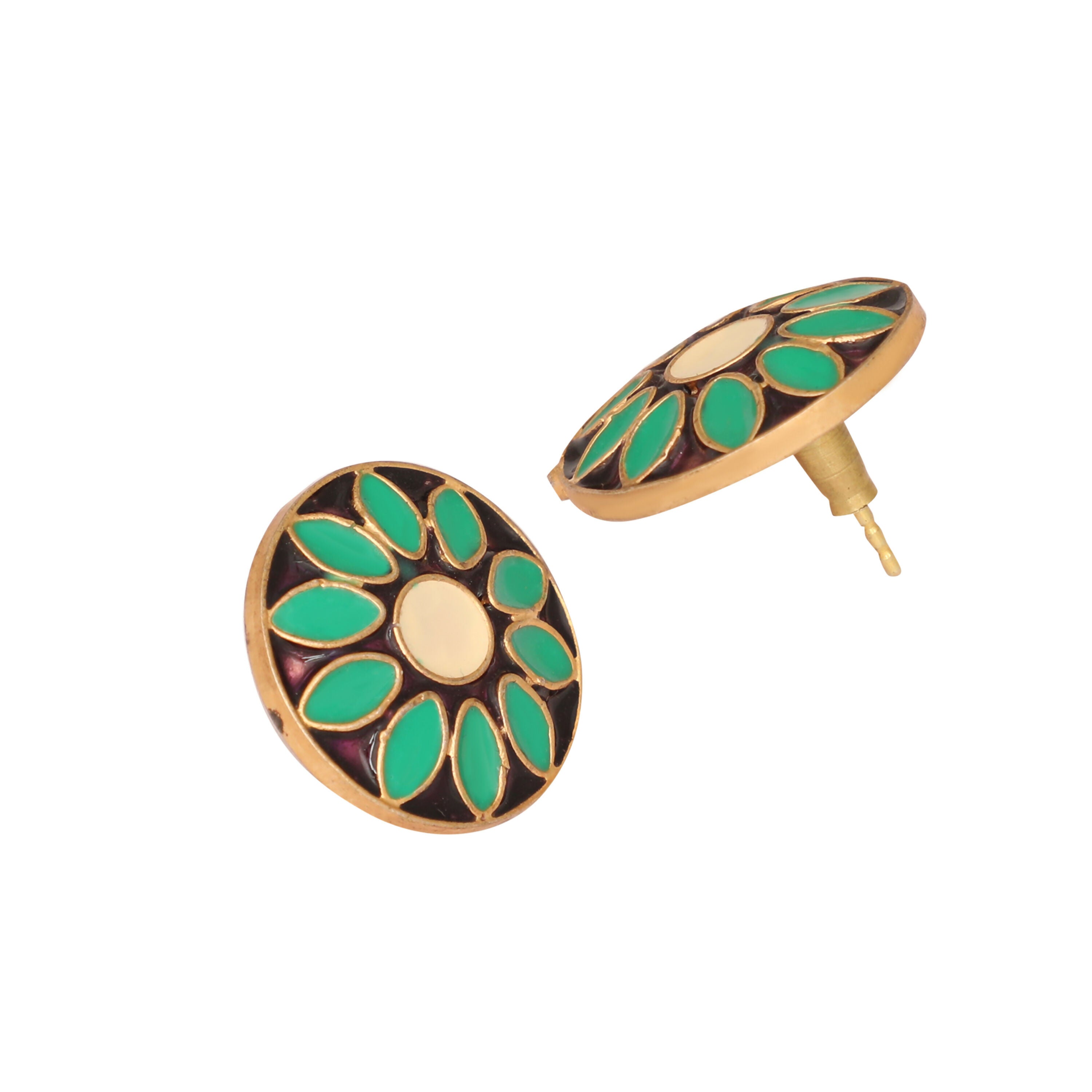 Nuyug 22K Gold Plated Circular Shaped Sea Green Enamelled Floral Motif Studs