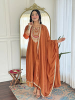 Thumbnail for The52 Rust Women's Gorgeous Embroidered Vichitra Silk Fabric Flared Kurta, Pant and Dupatta Set - Distacart