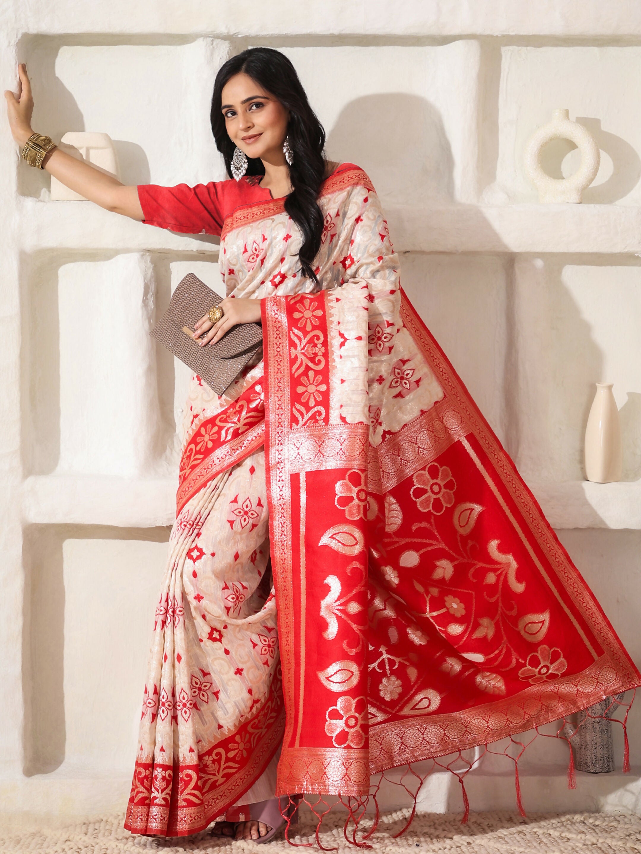 Astita Linen Cotton Red & White Saree