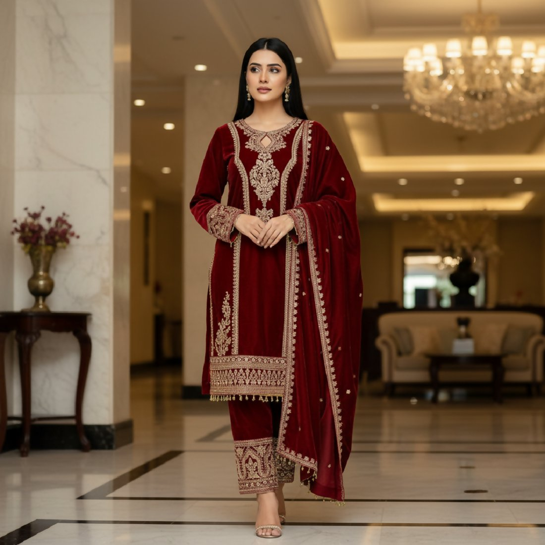 Joban Fashion Maroon Velvet Embroidery Sequence Work Readymade Kurta Set - Distacart