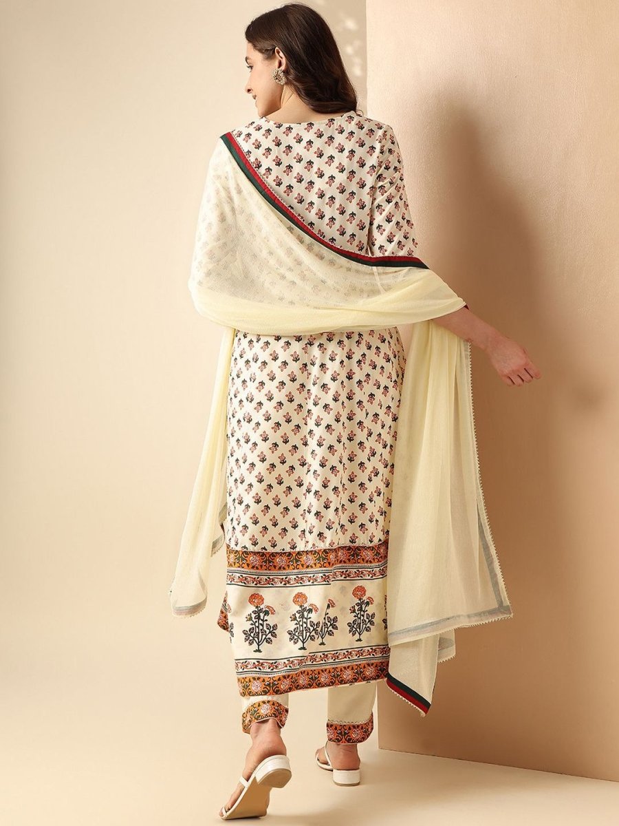 Anouk Off White Floral Printed Angrakha Anarkali Kurta With Trouser & Dupatta