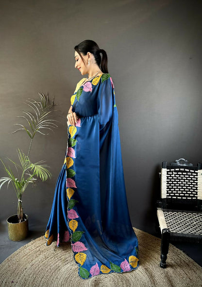 Prime Volt Multicolor Leaf Embroidery Rangoli Silk Saree with Scalloped Border-Blue - Dista