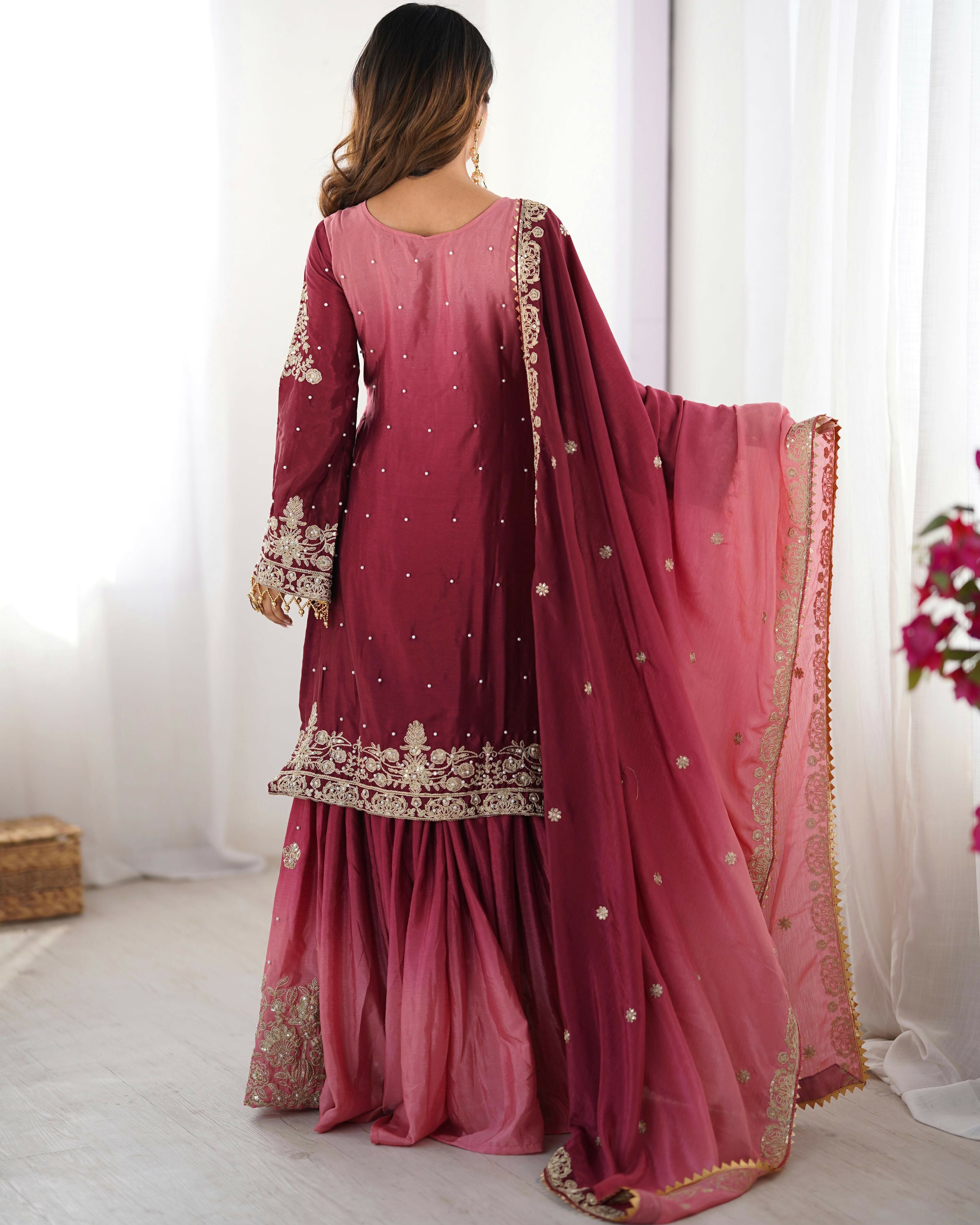 Joban Fashion Pink Palazzo Chinon silk Coding Dori with Sequence with Rivet Moti