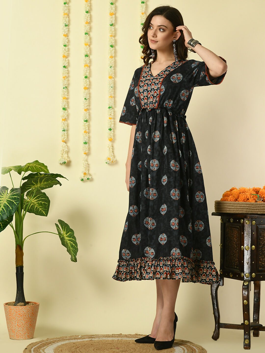 Myshka Women's Black Printed Cotton Party Dress - Distacart