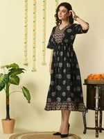Thumbnail for Myshka Women's Black Printed Cotton Party Dress - Distacart