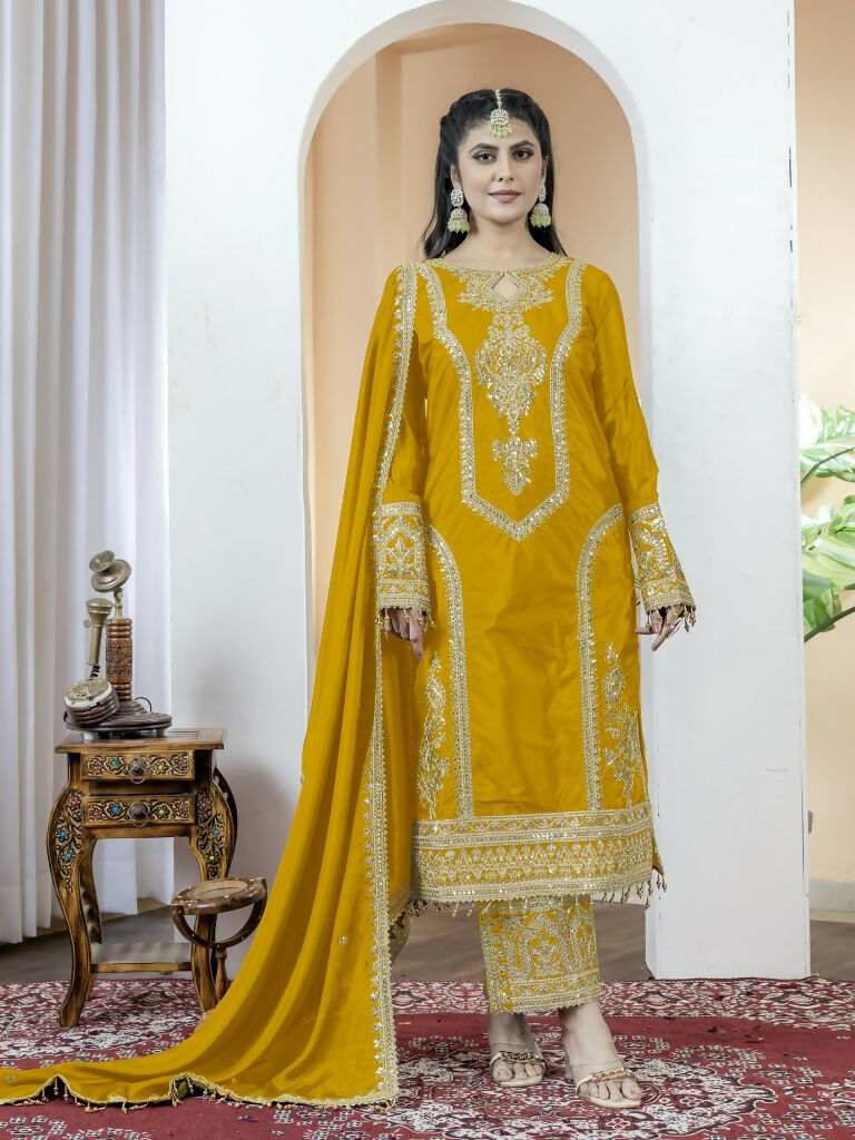 Teeya Creation Yellow Color Chinnon Silk Embroidery Work Fully Stitched Salwar Suit
