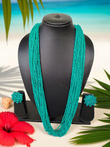 Inhanns Rangsaaz 20-Layer Luxe Long Beaded Necklace (With Optional Statement Earrings) - Sea Green With Earring - Distacart