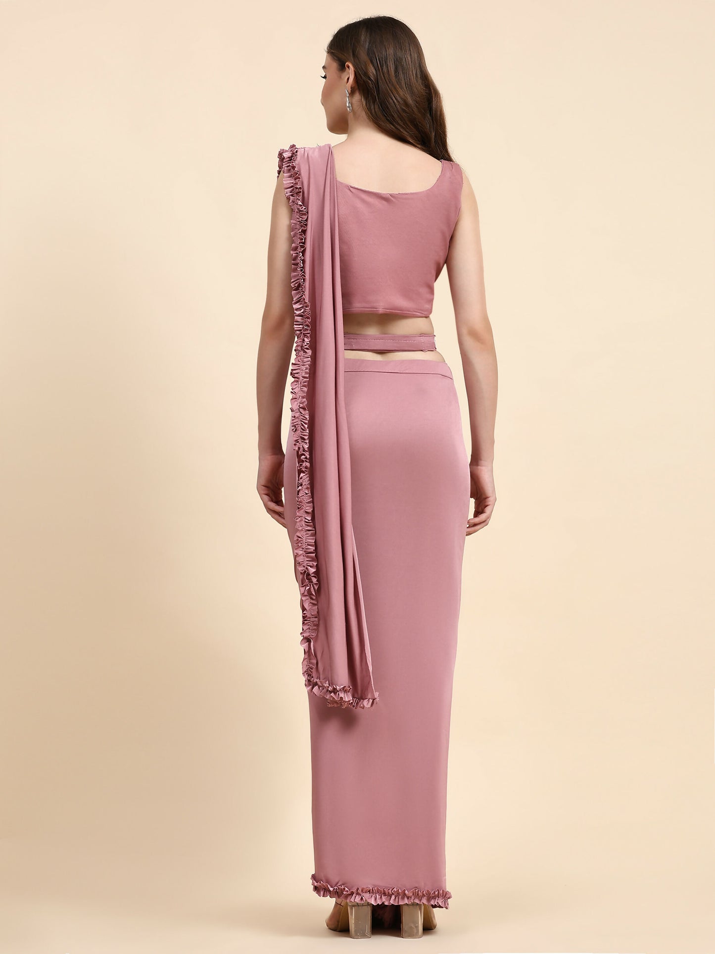 Pink Lycra Solid Ready to wear Saree with stitched Blouse - Vanita - Distacart