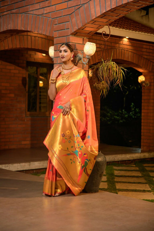 Jyoti Fashion Women's Orange Paithani Silk Zari Woven Saree with Blouse - Distacart