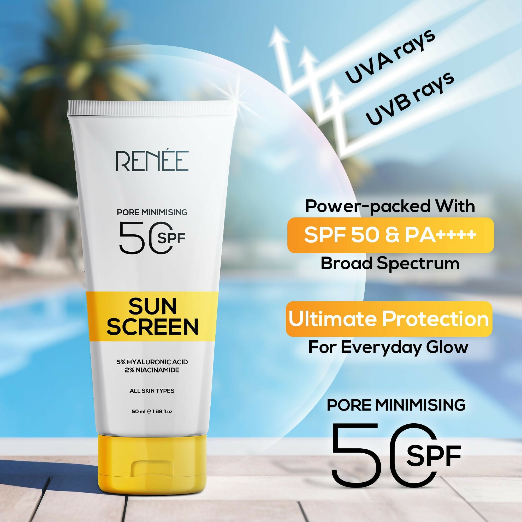 Renee Pore Minimizing Sunscreen Spf 50 With 5% Hyaluronic Acid & 2% Niacinamide For All Skins - Distacart