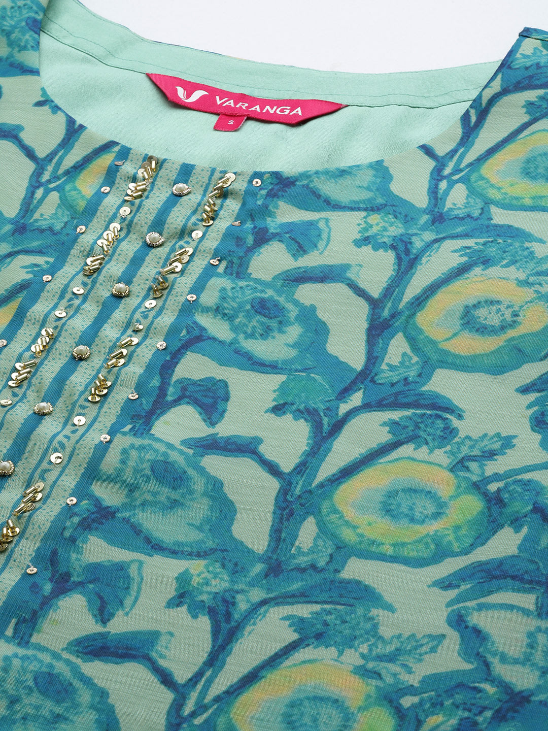 Varanga Women Blue Floral Printed Kurta, Round Neck Straight Kurta Paired With Tonal Bottom And Printed Dupatta - Distacart