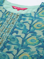 Thumbnail for Varanga Women Blue Floral Printed Kurta, Round Neck Straight Kurta Paired With Tonal Bottom And Printed Dupatta - Distacart