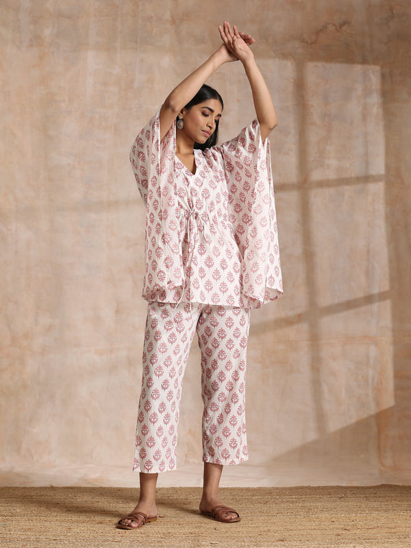 trueBrowns Pink Buta On White Block Print Cotton Kaftan Co-Ord Set - Distacart