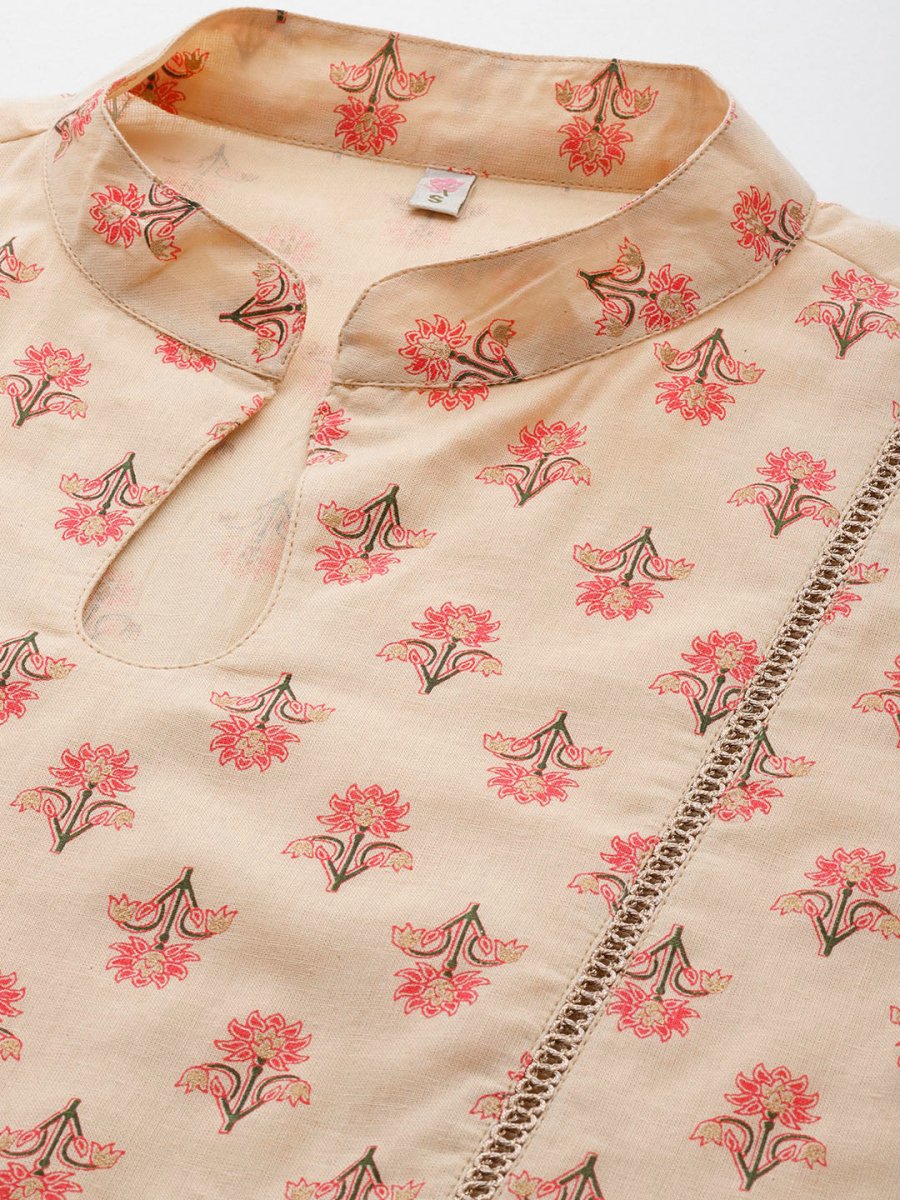 Ahalyaa Floral Print Mandarin Collar Tiered Midi Pure Cotton Ethnic Dress - Distacart