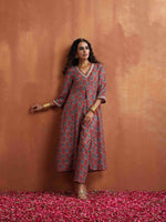 Thumbnail for trueBrowns Rust Ajrak Print Slit Kurta Set - Distacart