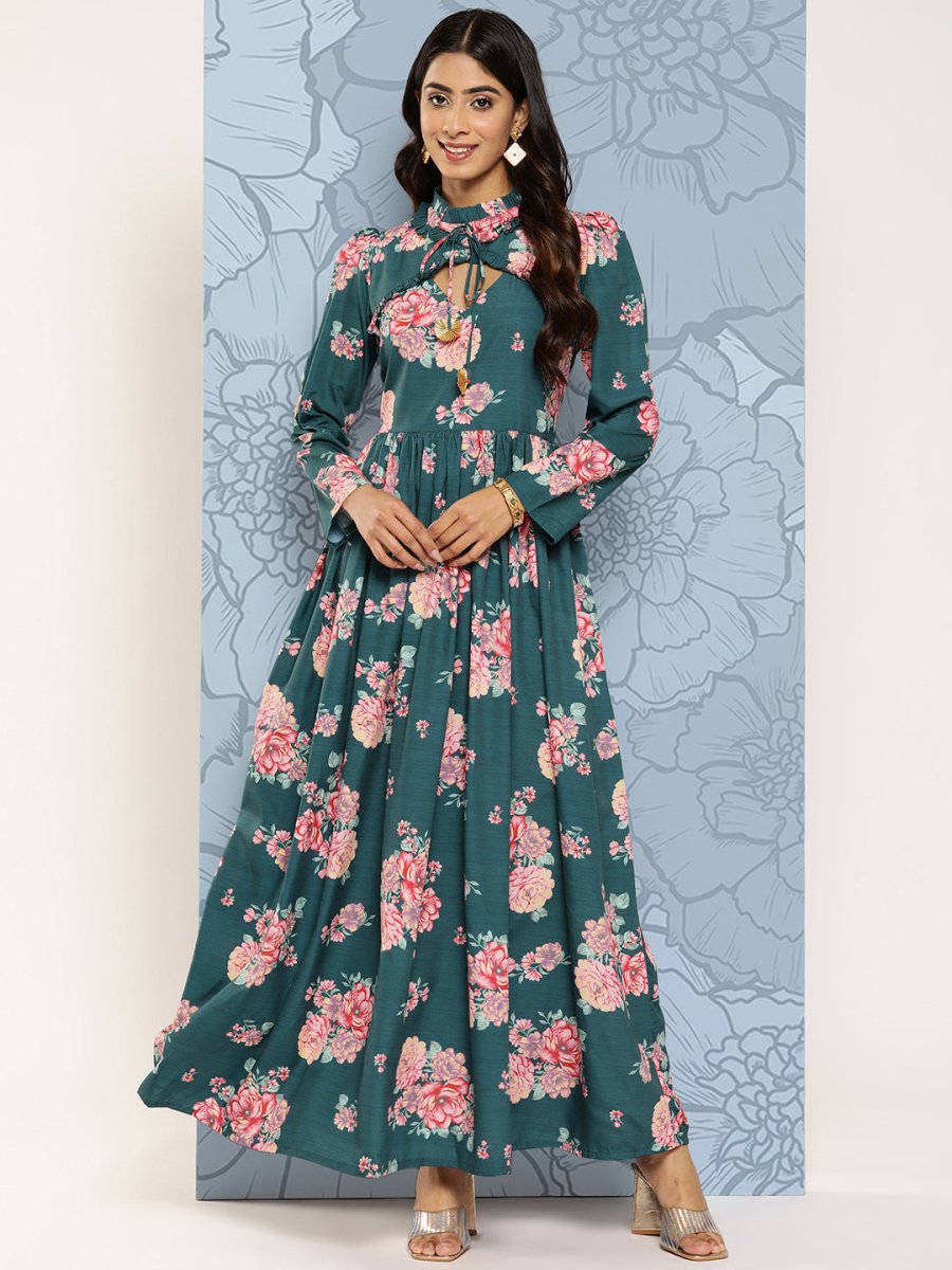Ahalyaa Floral Print Puff Sleeves Tie-Up Neck Crepe Ethnic Gown With Cut-Out Detail - Distacart