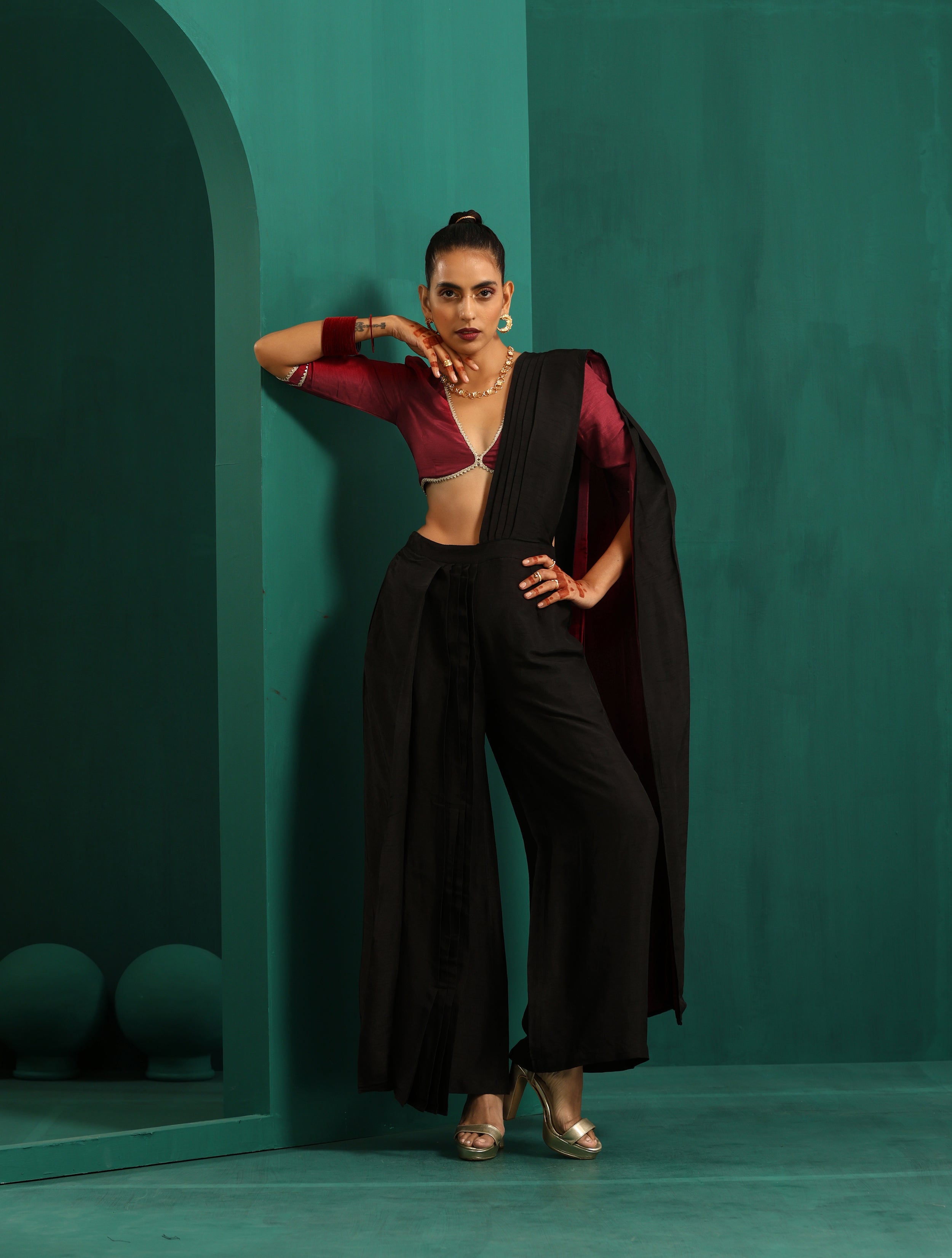 trueBrowns Black Silk Palazzo Stitched Saree - Distacart