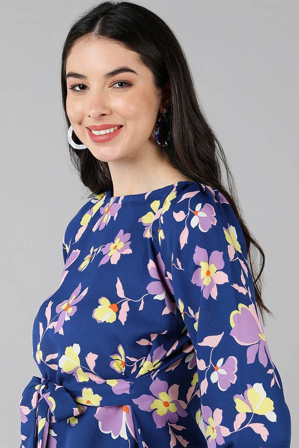 Ahika Navy Blue Georgette Floral Print Top