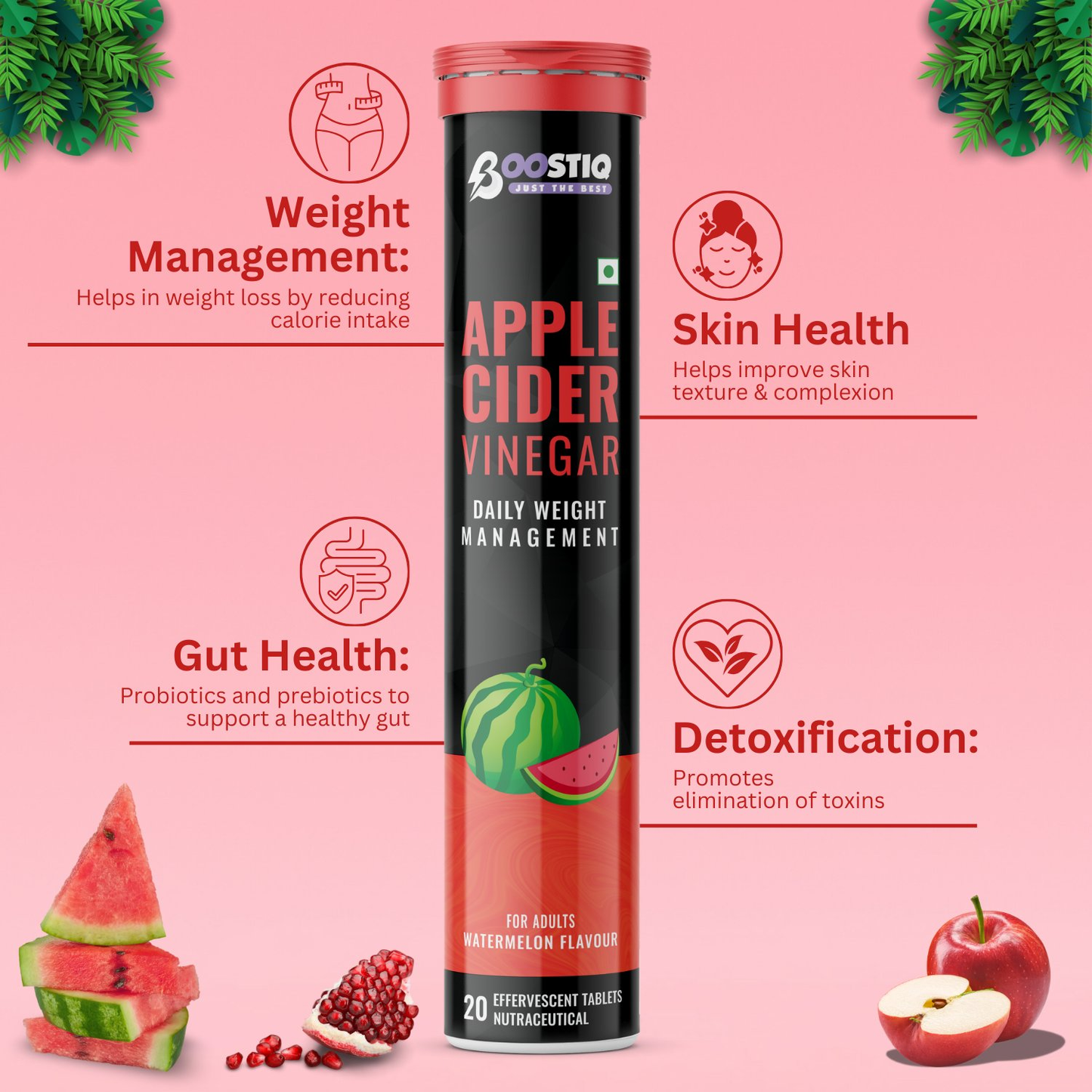 BOOSTIQ Apple Cider Vinegar Effervescent Tablets - Watermelon Flavour - Distacart