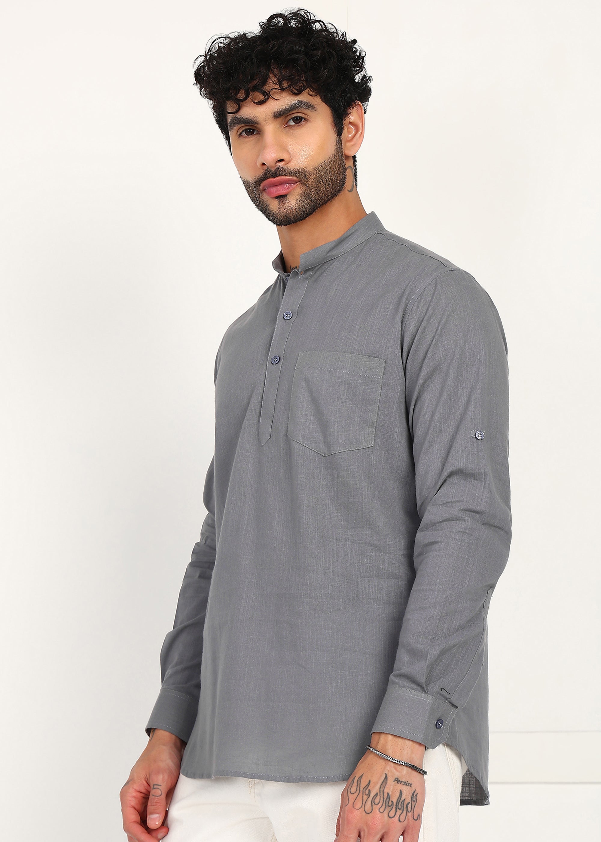 Fabmade Ash Grey Linen Short Kurta - Distacart