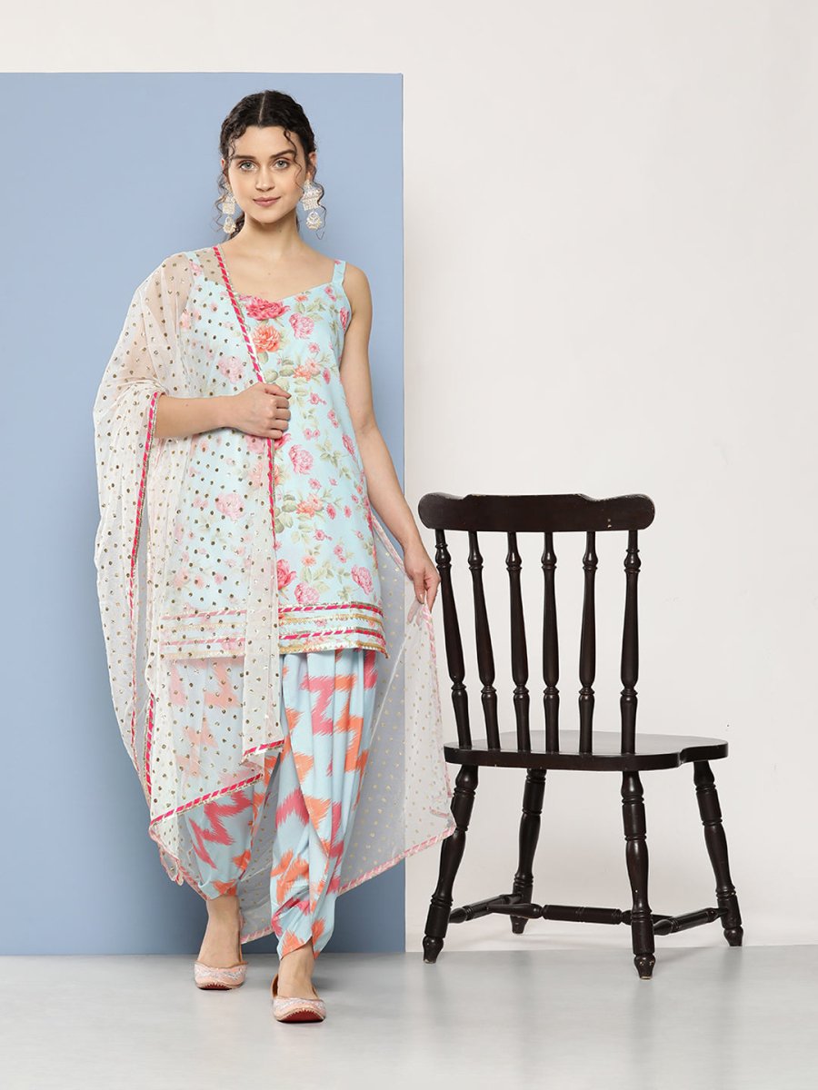 Ahalyaa Women Floral Printed Gotta Patti Kurti With Dhoti Pants & With Dupatta - Distacart