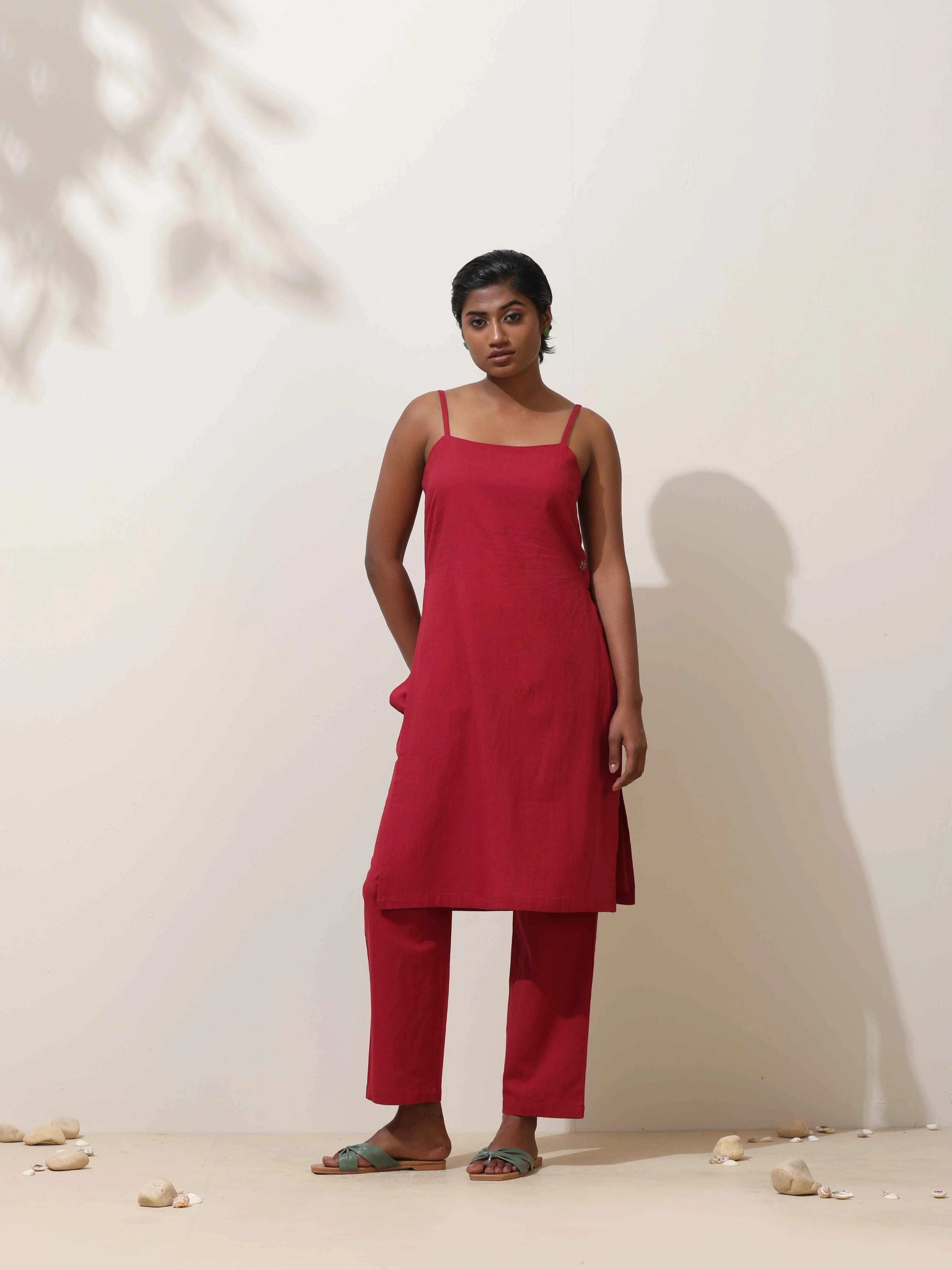 trueBrowns Maroon Cotton Linen Kurta Co-Ord Set - Distacart