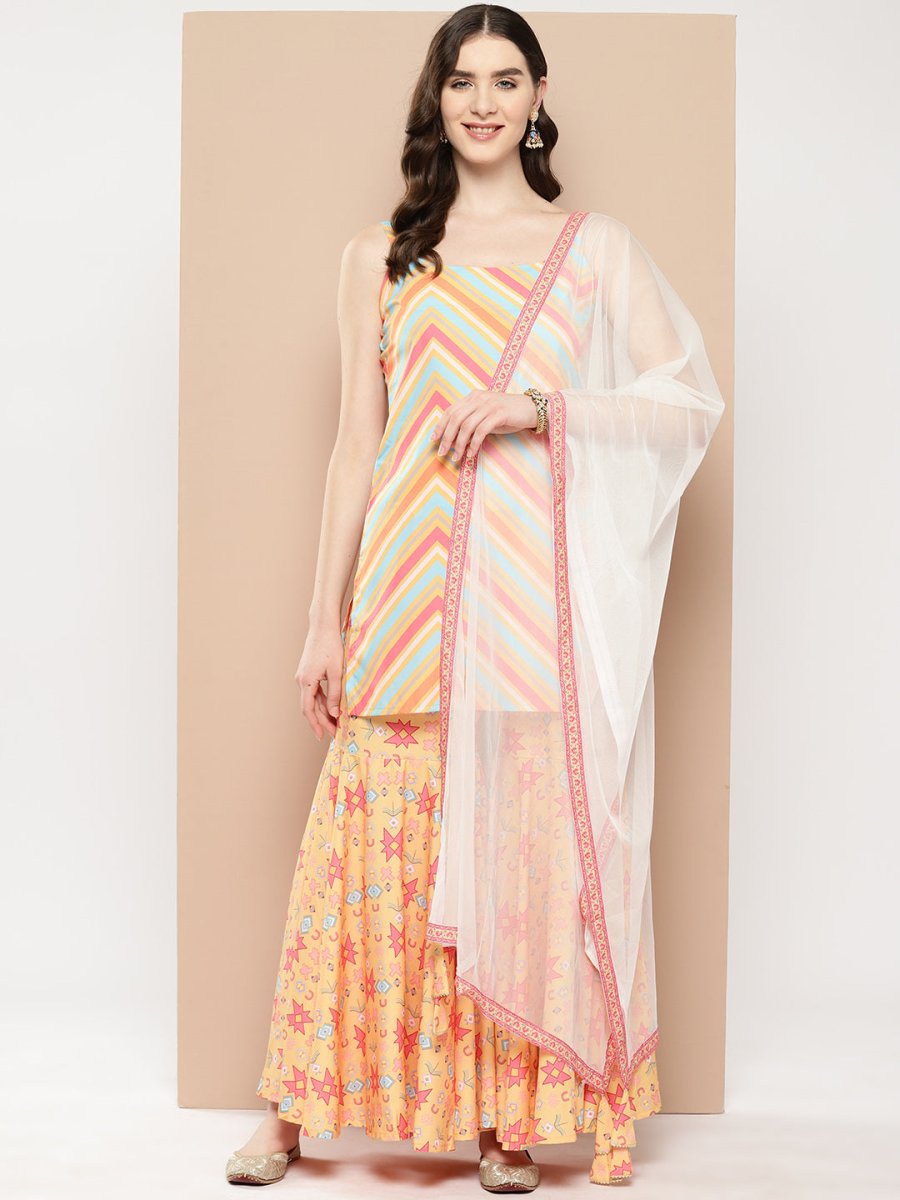 Ahalyaa Women Printed Regular Gotta Patti Kurti with Sharara & With Dupatta - Distacart