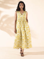 Thumbnail for trueBrowns Lime Cotton Ikat Sleeveless Flared Dress - Distacart