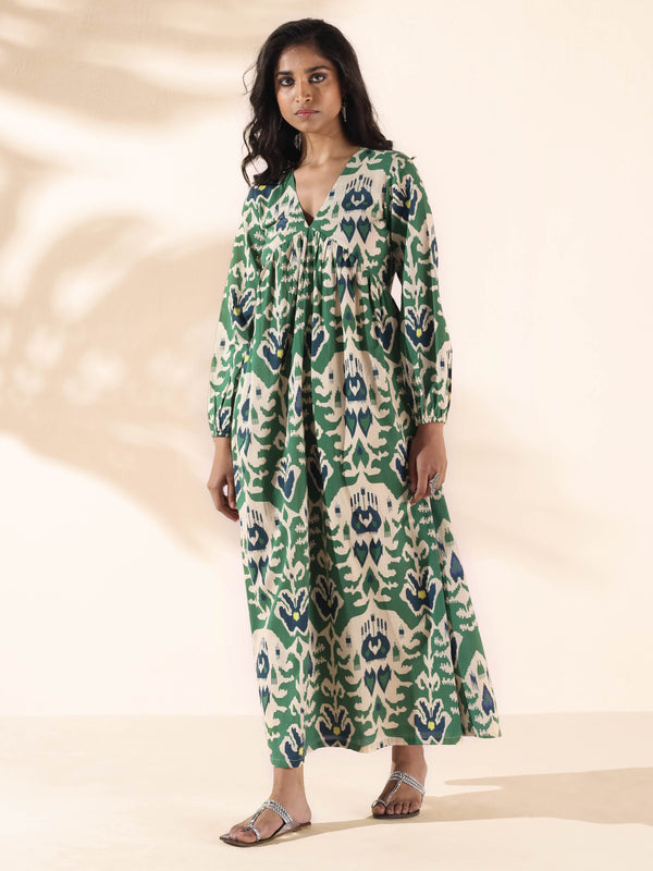 trueBrowns Green Cotton Ikat Flared Dress - Distacart