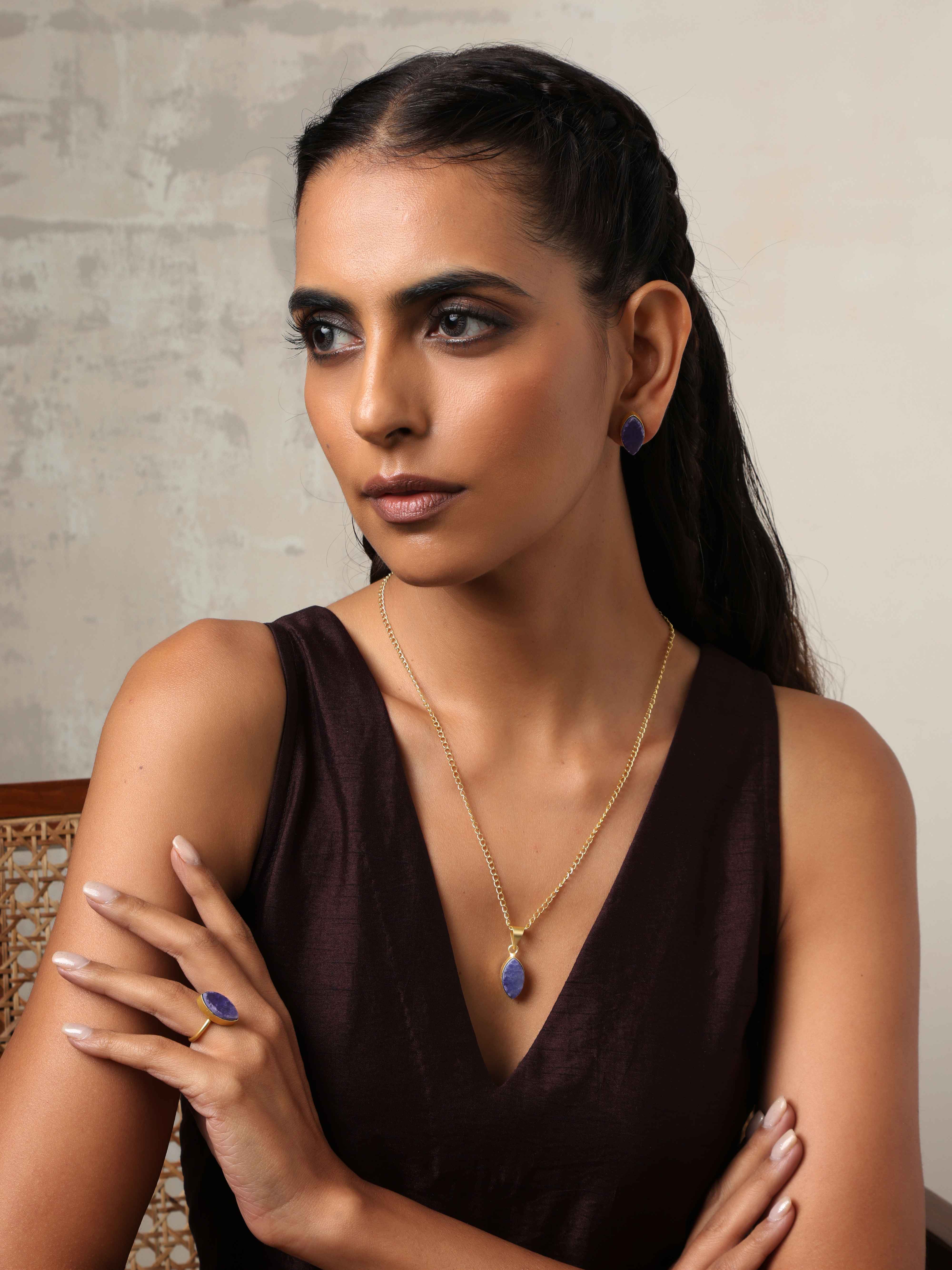 trueBrowns Gold Tone Blue Stone Pendant Set - Distacart