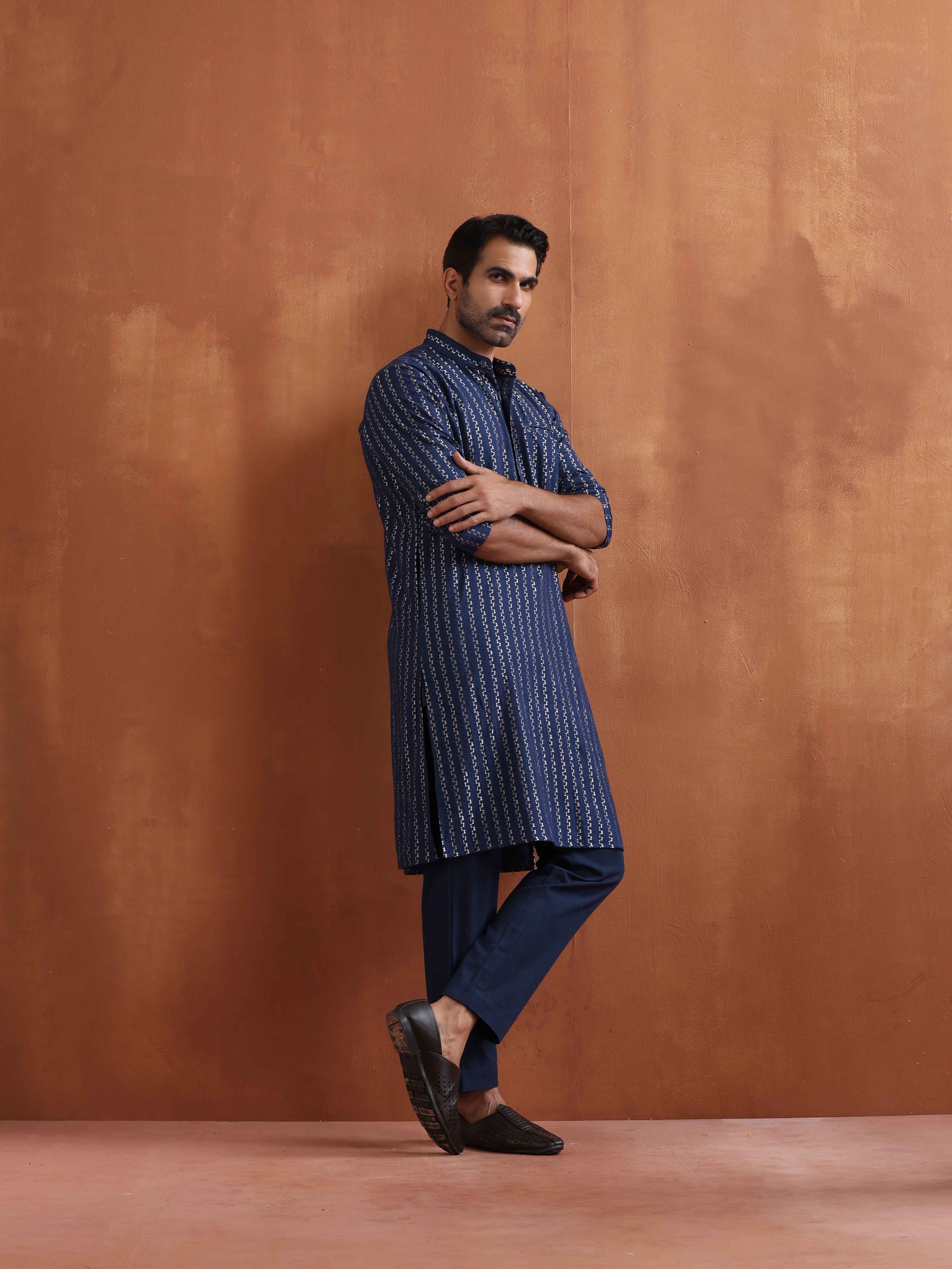 trueBrowns Men's Blue Cotton Dobby Kurta - Distacart