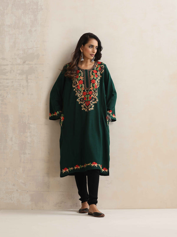 trueBrowns Green Kashmiri Floral Embroidered Woollen Phiran Kurta - Distacart