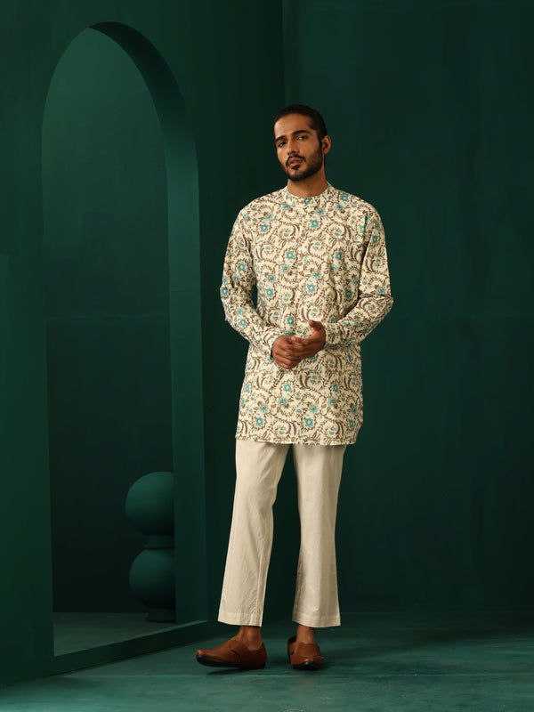 trueBrowns Men's Teal Floral Cotton Printed Co-ord Set - Distacart