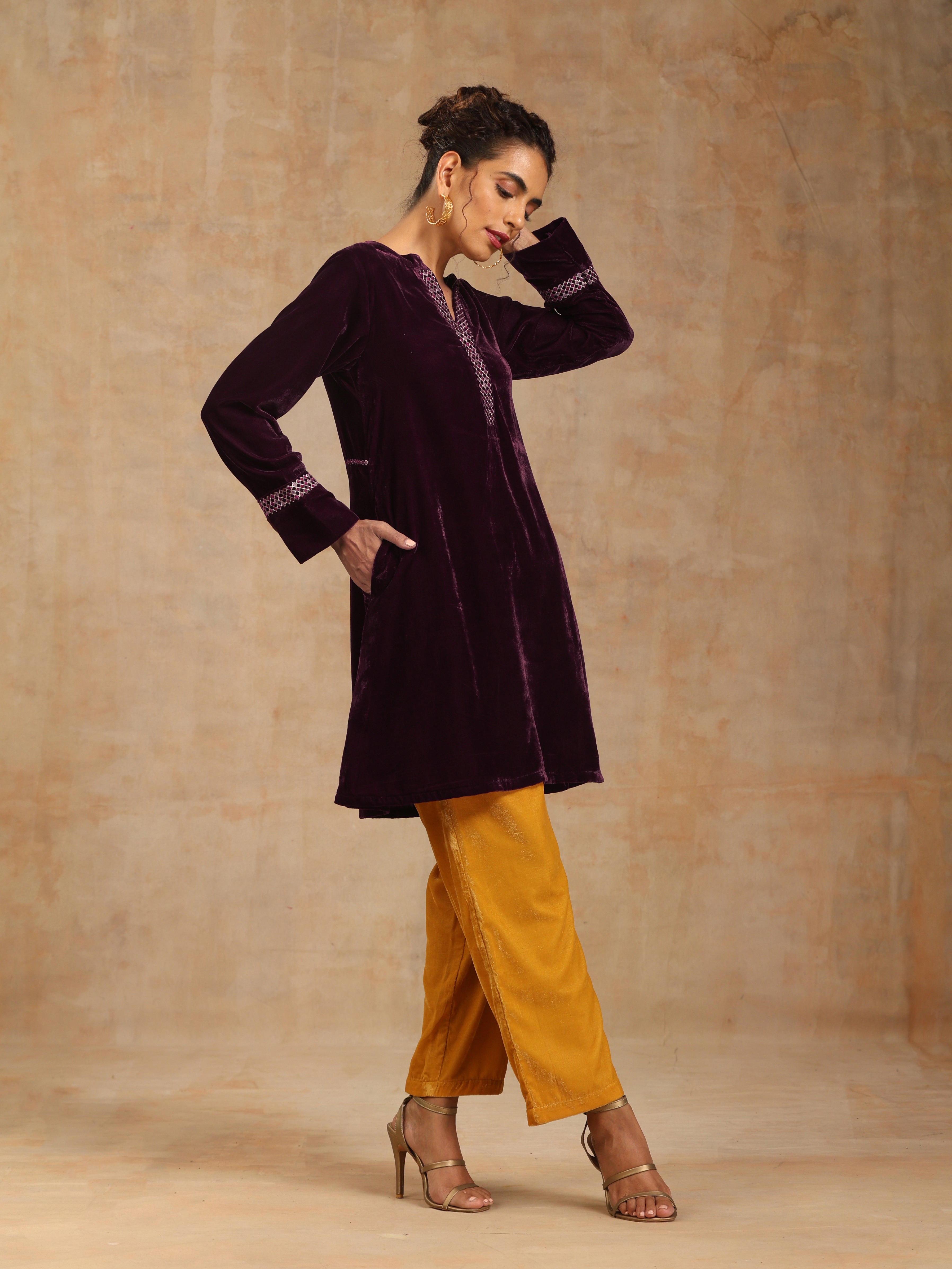 trueBrowns Wine Velvet Placket Embroidered Co-ord Set - Distacart