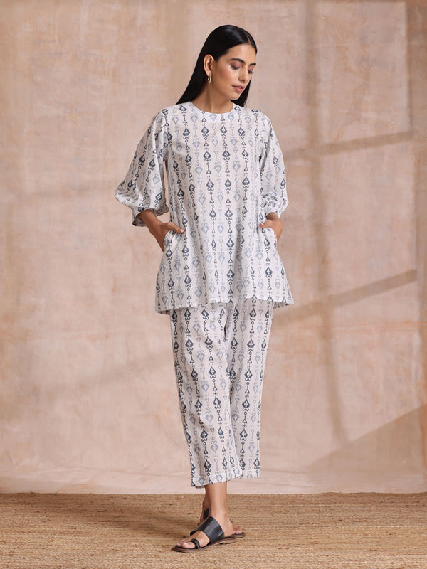 trueBrowns Grey On White Ikat Print Cotton Baggy Sleeve Co-Ord Set - Distacart
