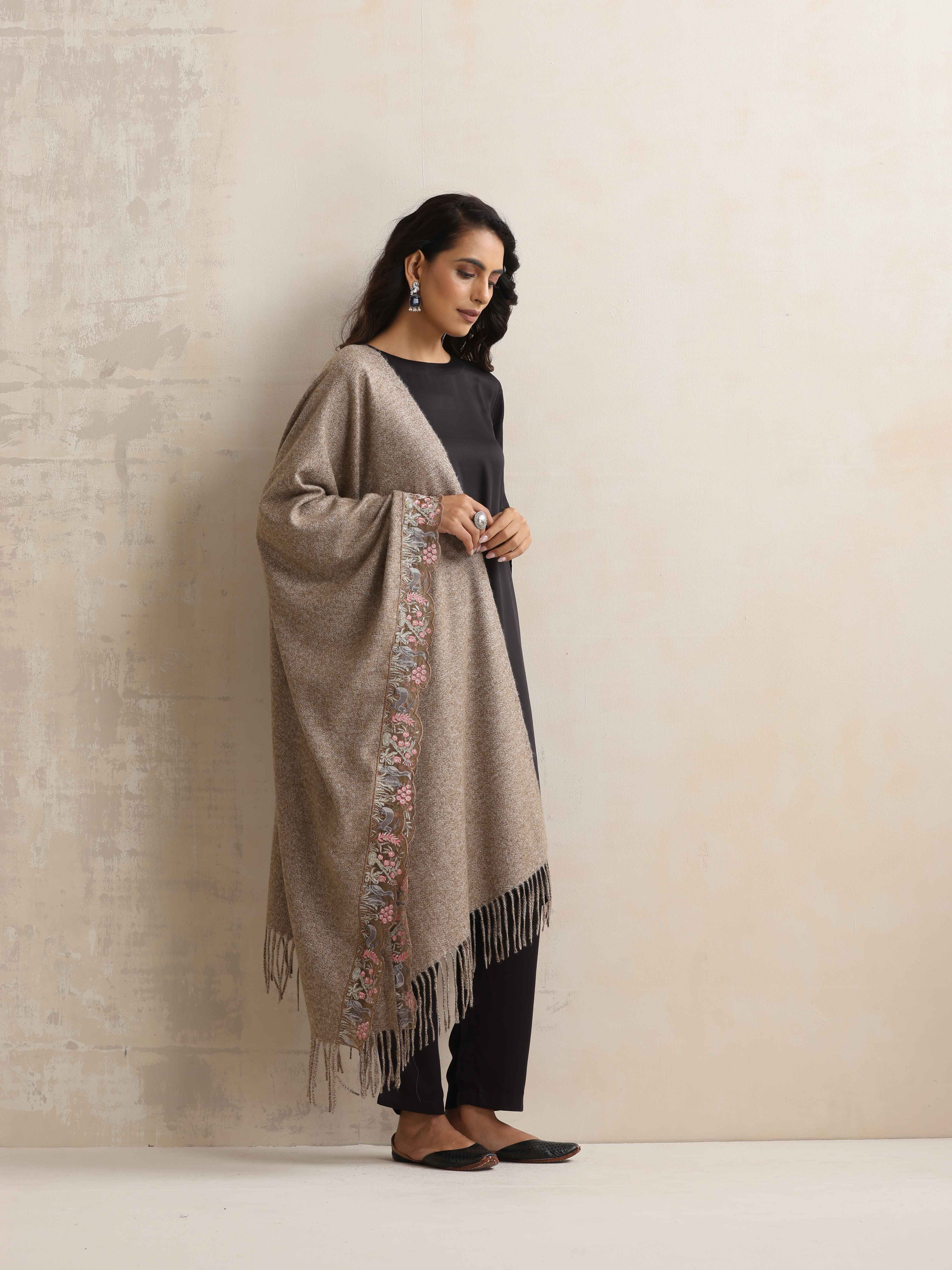 trueBrowns Beige Embroidered Woollen Stole - Distacart