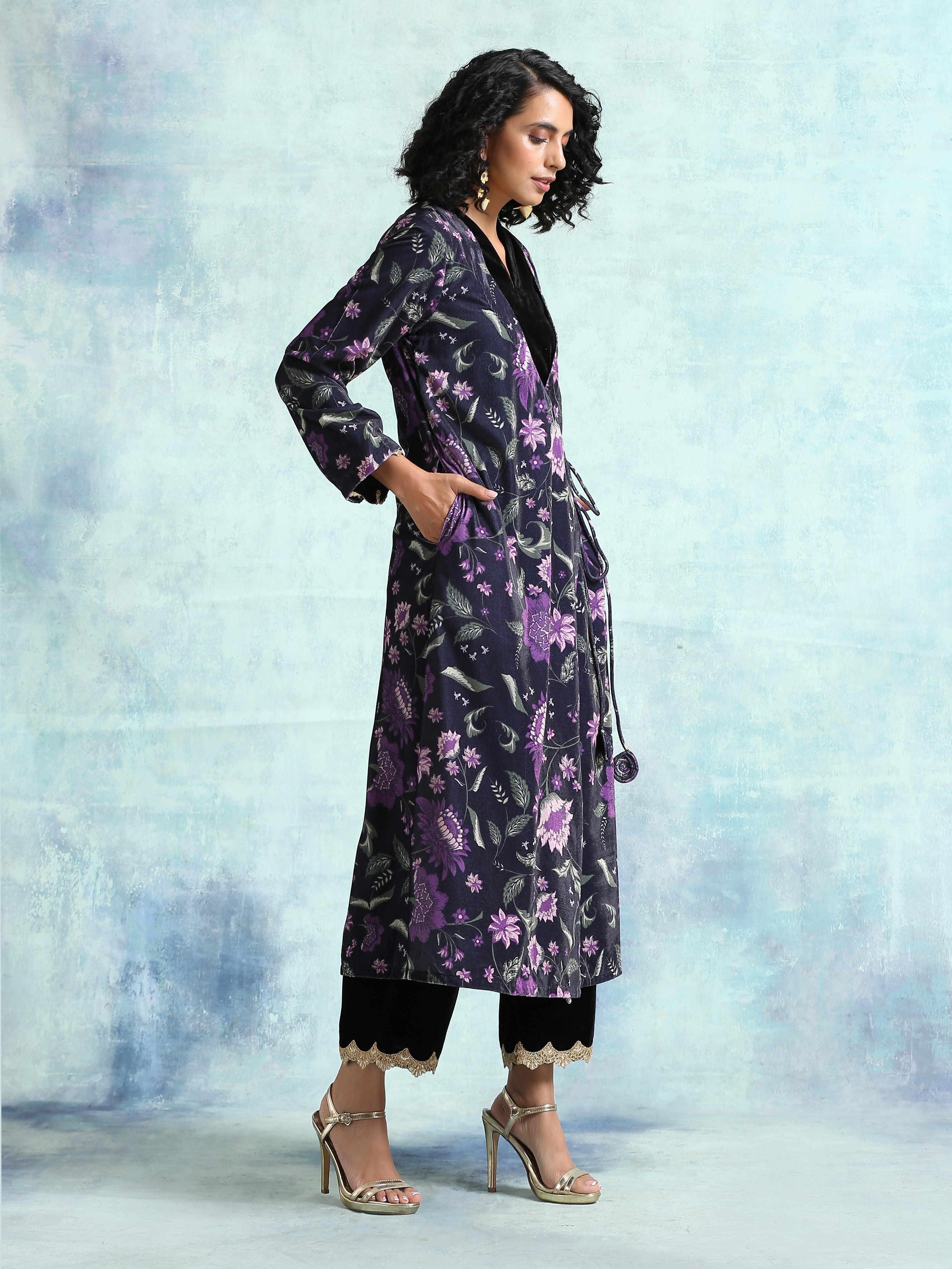 trueBrowns Black Printed Velvet Angrakha Jacket - Distacart