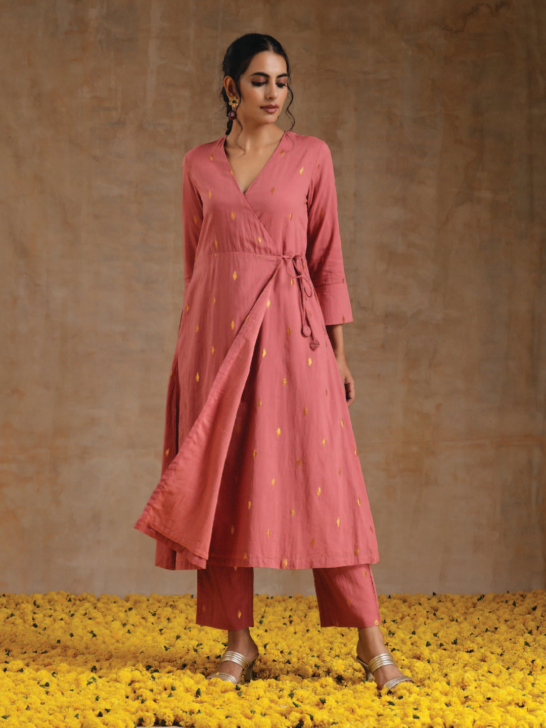trueBrowns Blush Gold Cotton Angrakha Kurta Set - Distacart