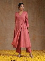 Thumbnail for trueBrowns Blush Gold Cotton Angrakha Kurta Set - Distacart