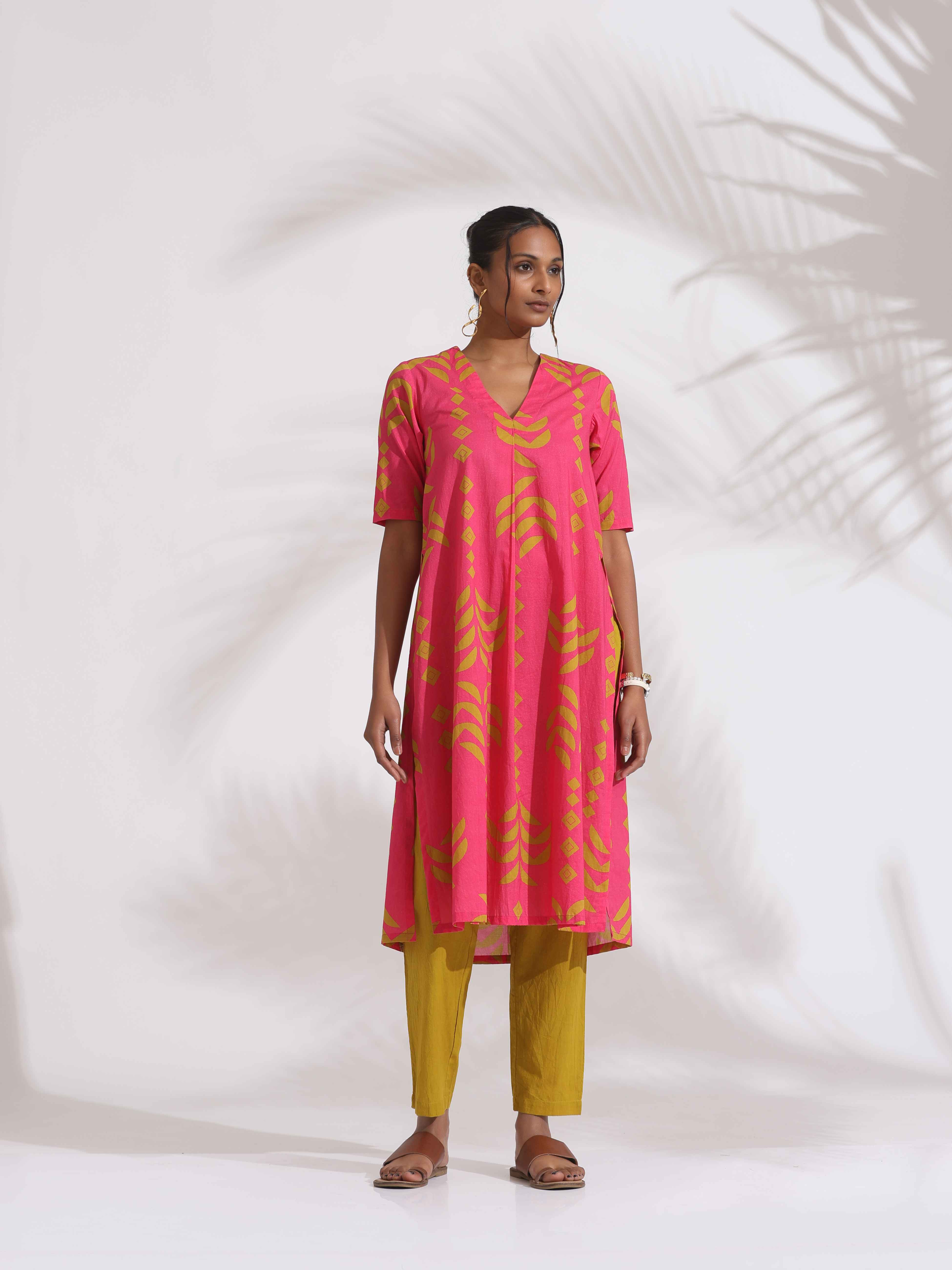 trueBrowns Pink Cotton Print A-line Kurta Set - Distacart