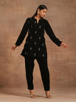 Thumbnail for trueBrowns Black Velvet Embroidered Relaxed Co-ord Set - Distacart