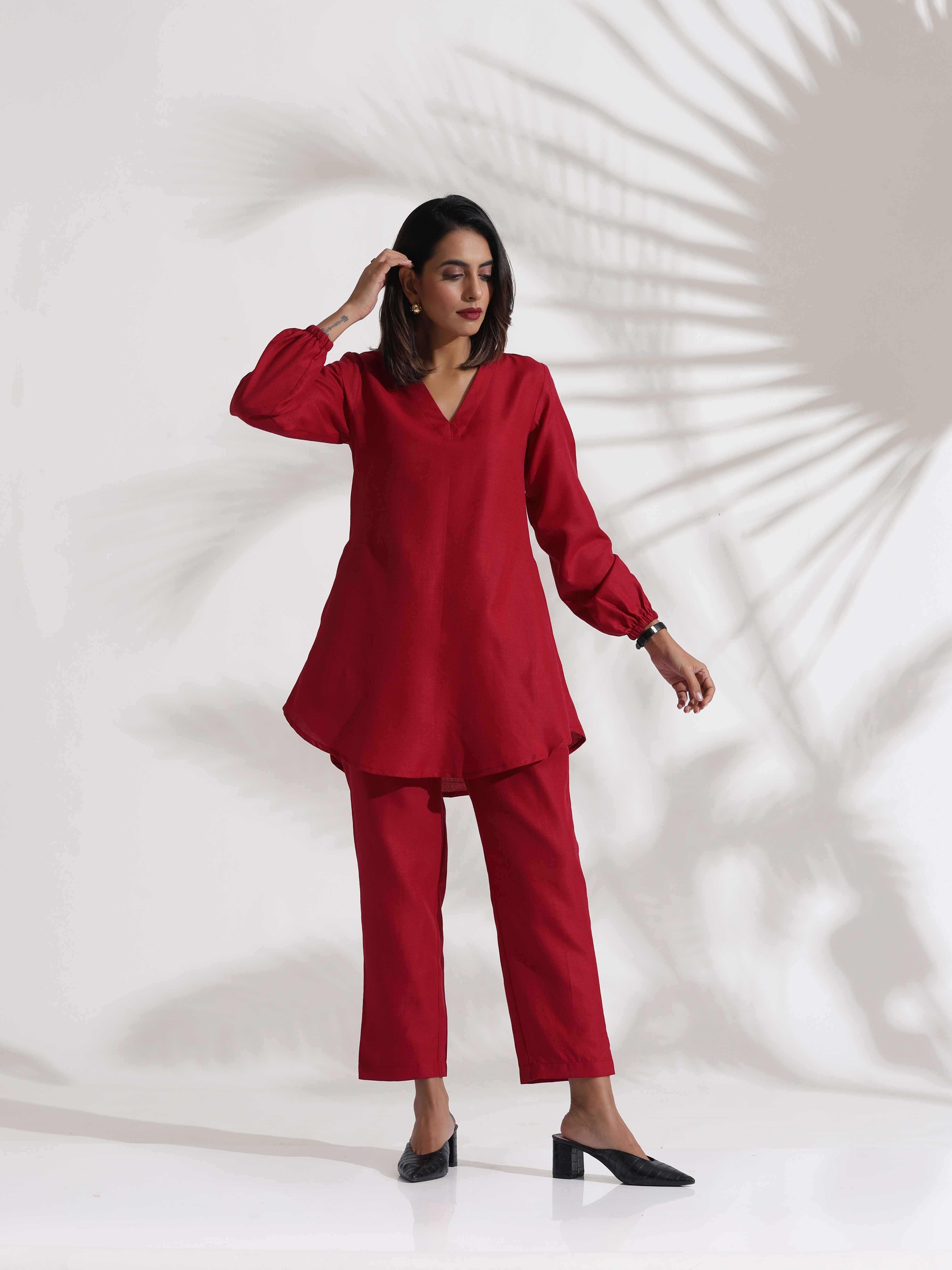 trueBrowns Maroon Slub Co-ord Set - Distacart