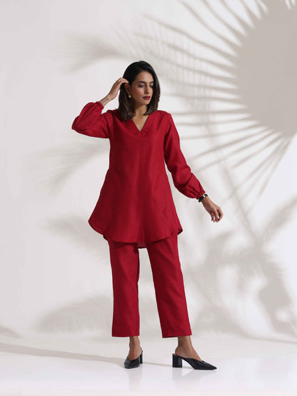 trueBrowns Maroon Slub Co-ord Set - Distacart