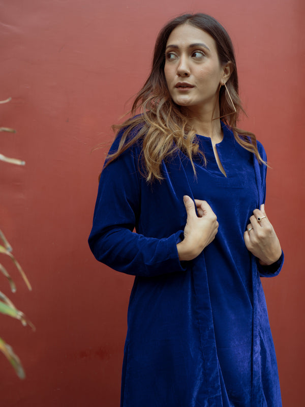 trueBrowns Blue Solid Velvet Overlay Jacket - Distacart